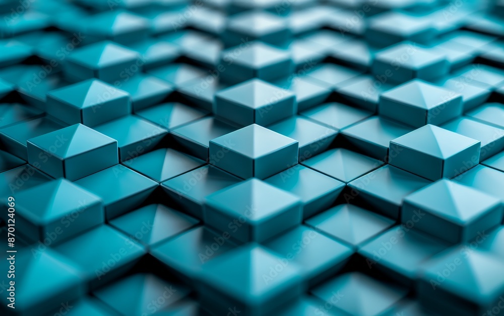 Poster abstract teal geometric pattern of 3d cubes and pyramids.