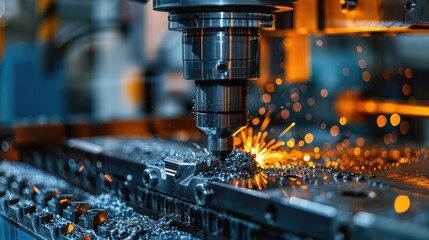 An industrial robot operating a CNC machine, precisely cutting and shaping metal parts in a machine shop.
