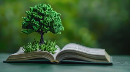 An origami tree growing from a paper book, symbolizing the connection between knowledge and environmental stewardship.