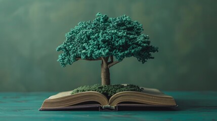 Small tree is placed on top of an open book. The tree is surrounded by dirt and he is growing out of the book. Concept of growth and new beginnings. symbolizing the connection between knowledge