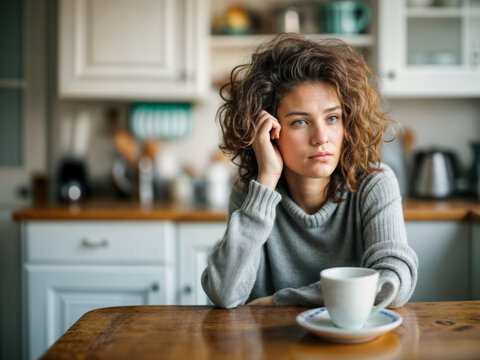 Mulher com olhar fixo no horizonte, pensando em algo ou em algum problema, destacando reflex&atilde;o e preocupa&ccedil;&atilde;o