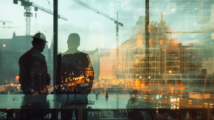 Civil Engineer discussing a model with an overlay of a construction site and cranes