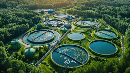 Biogas plant converting organic waste into energy, large storage tanks and processing units, sustainable energy production
