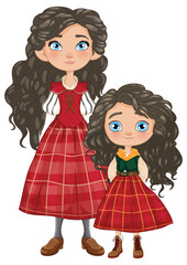 Illustration of a mother and daughter in matching outfits