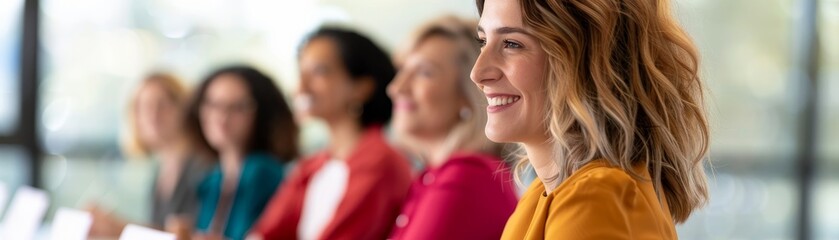 Fototapeta premium smiling businesswoman listening attentively during a conference or meeting.
