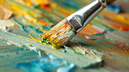 Fototapeta premium A close-up of a paintbrush creating vibrant strokes on a canvas.
