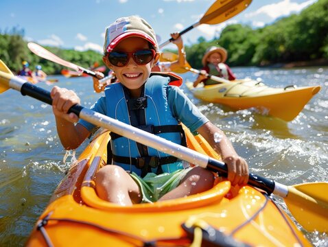 Group of children kayaking on a sunny river, wearing life vests and smiling, experiencing outdoor adventure and fun.
