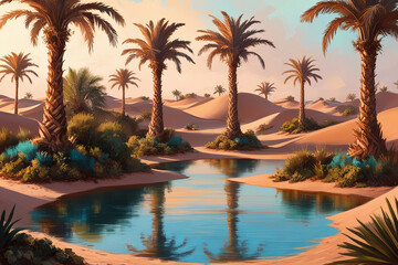 Fototapeta premium Serene oasis, lush palms, golden sunset, earthy tones, tranquil and cinematic.