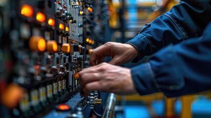 Close-up of an engineer's hands adjusting controls on a complex piece of industrial equipment.