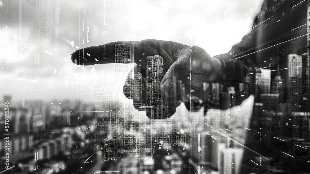 Poster double exposure image of hand pointing to a cityscape with buildings and a cloudy sky. concept of di