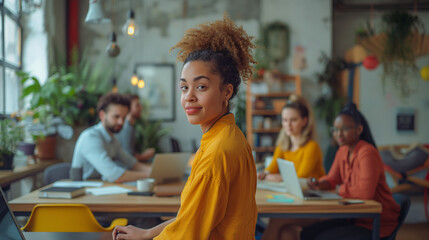 Obraz premium Young woman in a yellow sweater looks back while working in a vibrant, diverse coworking space.