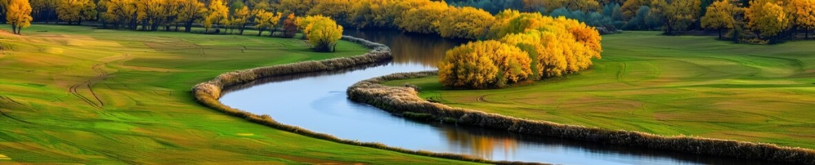 serene autumn river winding through lush meadow landscape photography.