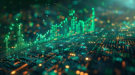 Green digital stock market chart with upward trend, glowing on a circuit board. Concept of finance, technology, investment, and growth.