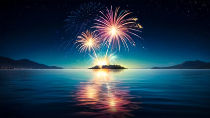 Fireworks Over a Calm Ocean at Night