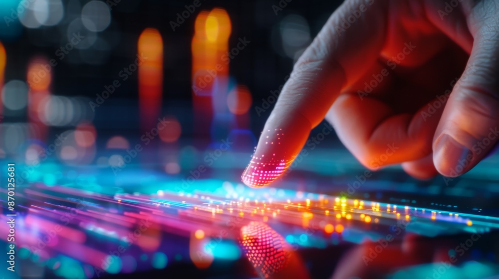 Poster fingertip touching futuristic interface - abstract technology background