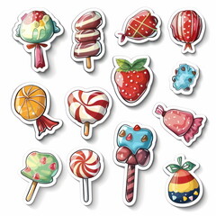 Collection sticker of candy, white background, vector illustration
