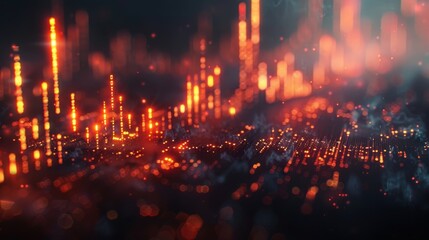 Abstract futuristic cityscape glowing with orange light trails and particles.  Perfect for backgrounds about technology, big data, science fiction, or cyberpunk.