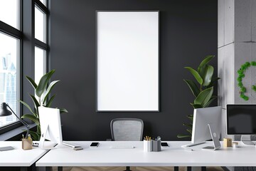 Fototapeta premium White vertical blank poster mockup in modern office interior with desks and computers, panoramic view