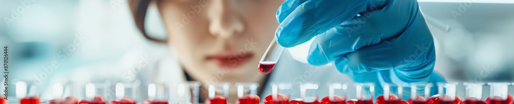 Poster close-up of scientist hand holding a pipette and red liquid dropping into a test tube with rows of t