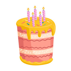 Sweet birthday cake with candles illustration on white background