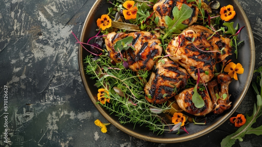 Poster a grilled chicken dish adorned with wild marigold buds adding a pop of color and a hint of e to the 
