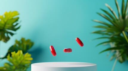 red pill capsules floating on white platform with tropical plants and blue background - minimalist health and wellness product photography.