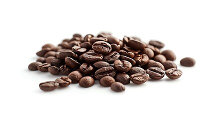 A close-up shot of a pile of roasted coffee beans on a white background. Perfect for illustrating coffee-related concepts and products.