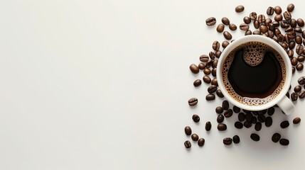 A cup of black coffee surrounded by coffee beans on a white background, perfect for caffeine enthusiasts and coffee shop promotions.