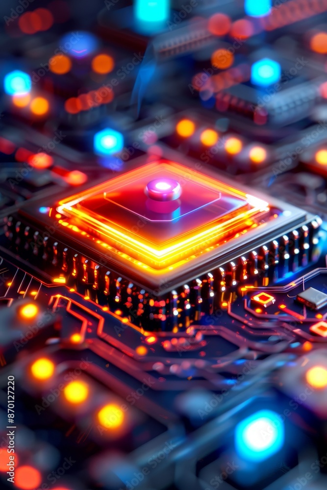 Aufkleber abstract closeup of a glowing cpu processor chip on a motherboard.