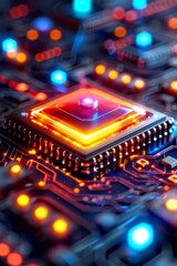 Fototapeta premium abstract closeup of a glowing cpu processor chip on a motherboard.