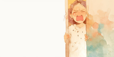 Illustrated Crying Child Peeking from Door   Expressive Emotional Art in Watercolor Style