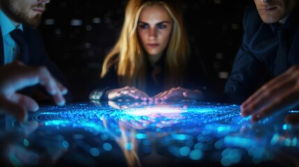 Business Team Analyzing Futuristic Digital Interface in a Dark Room with Blue Holographic Display
