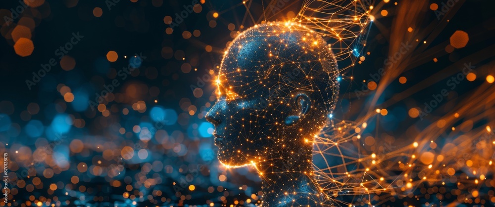 Poster Digital Human Profile Rendered With Connected Lines and Bokeh Lights