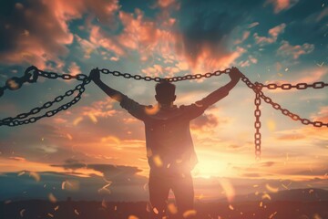 Man Breaking Free From Chains at Sunset