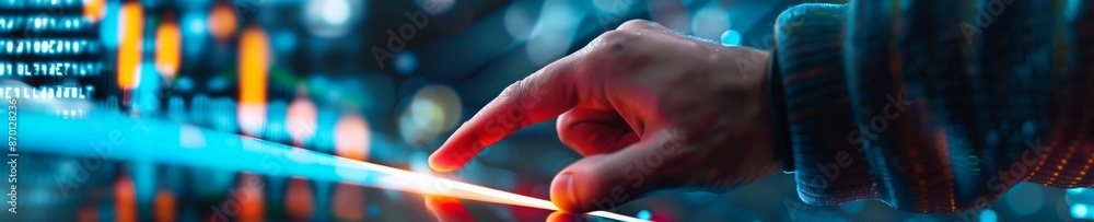 Poster hand interacting with digital data and futuristic interface.