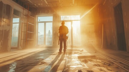 Construction Worker in Sunlit Building Interior During Renovation