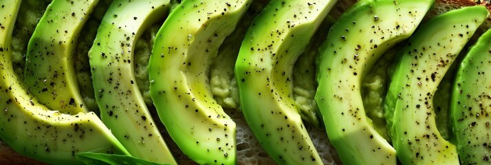 A closeup of a mouthwatering avocado toast showcasing the beautiful contrast between the slices of creamy avocado and the bright green avocado oil.