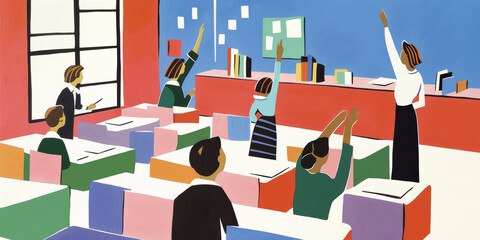 Modern Classroom with Teacher and Students Engaged in Learning Activities