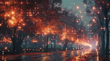 Magical Evening in Autumn Park with Glowing Lights and Sparkling Reflections on Rainy Pathway