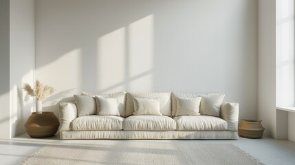 Fototapeta premium Bright and Minimalist Living Room with Cozy Beige Sofa and Natural Light
