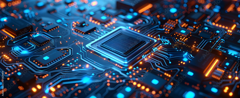 Poster a computer chip is shown in a blue and orange color scheme