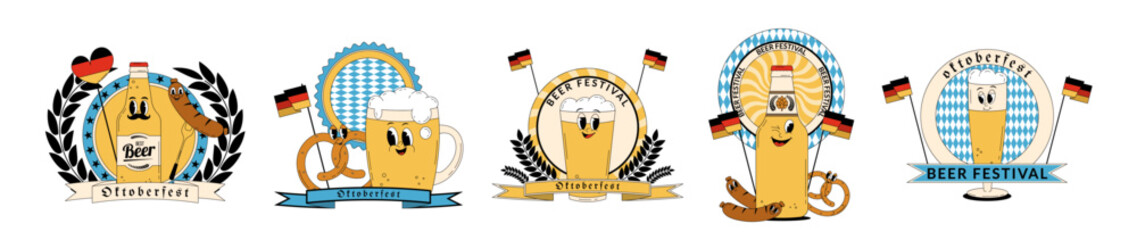 Oktoberfest Bavaria Beer Festival celebration. Set of concept with retro groovy beer character, flag, pretzel and other. Vector illustration with cute alcohol drink and beverage mascot