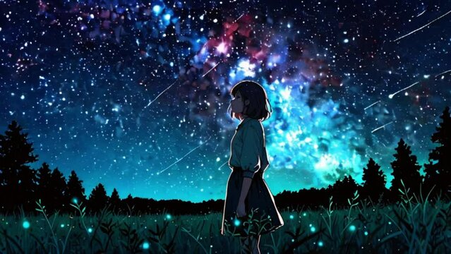 銀河と星を見上げる少女 野原に立つ幻想的な夜