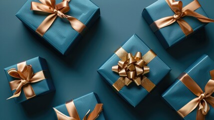 Elegant Blue Gift Boxes with Gold Ribbons on Dark Background