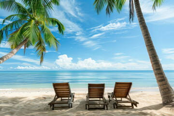 Beach chairs are placed on a beautiful beach with coconut trees.