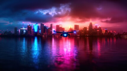 Fototapeta premium Drone Flying Over City Skyline at Sunset with Vibrant Reflections on Water