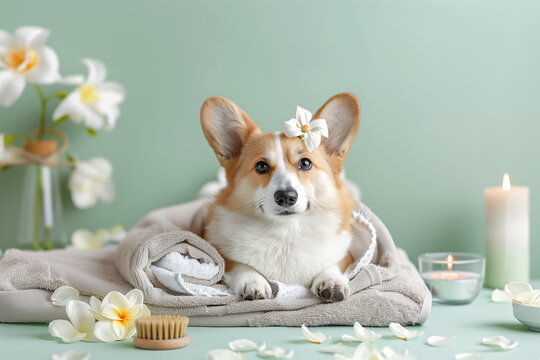 Relaxed Corgi dog at pet spa