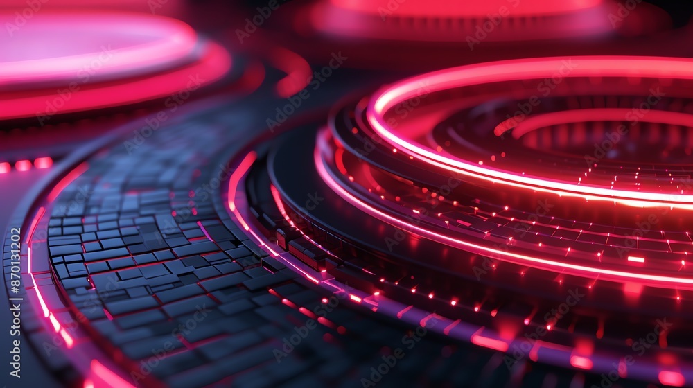 Poster a futuristic red and black technology design with circular patterns and glowing elements. ideal for 