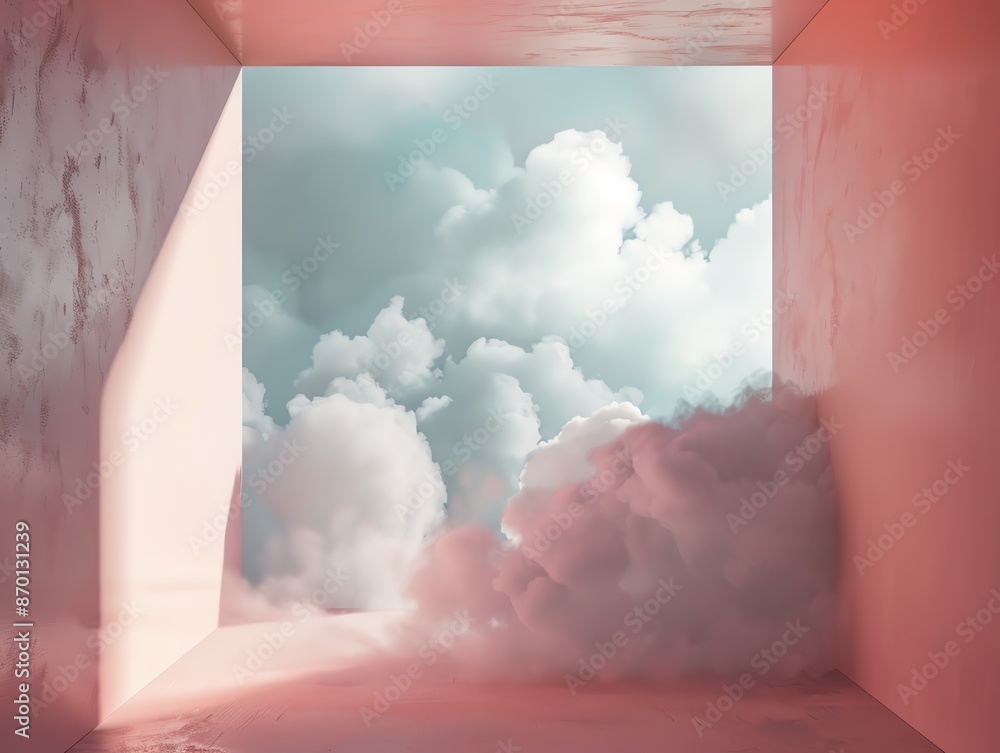 Poster abstract artwork featuring soft clouds in a geometric pastel room, creating a surreal and dreamy atm