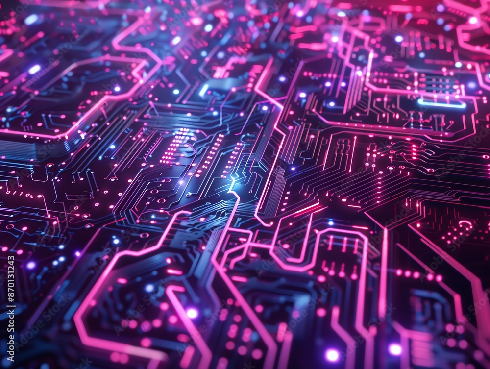 Poster abstract close-up of a glowing neon circuit board with intricate lines and electrical pathways, symb